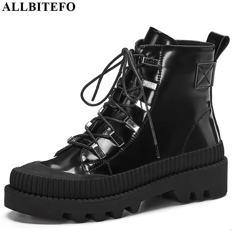

ALLBITEFO natural genuine leather simple style women boots Frenulum Autumn Winter ankle boots Round toe fashion Martin boots