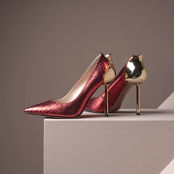 

INS hot women pumps Leather shoes 22-24.5cm length cow leather pumps women shoes online celebrity Stone pattern high heel 8cm