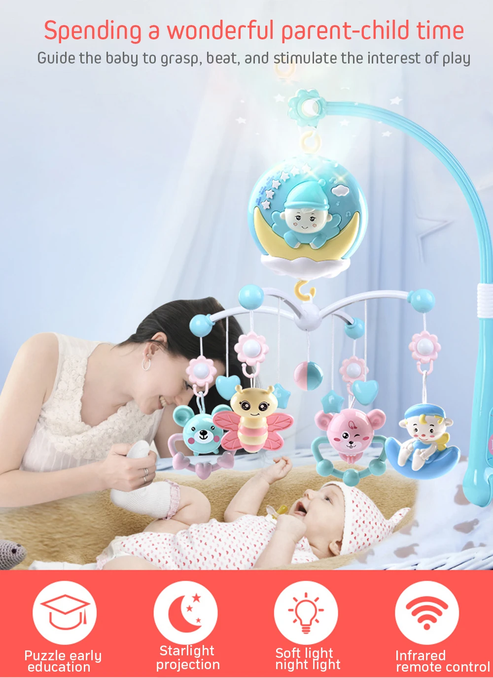 Baby Rattles Crib Mobiles Toy Holder Rotating Crib Mobile Bed Musical Box Projection 0-12 Months Newborn Infant Baby Boy Toys