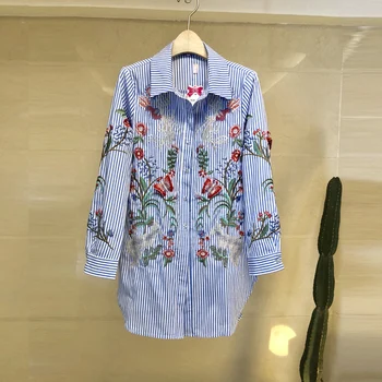 

HAMALIEL High Quality Women Long Sleeve Blouse Tops 2019 Summer Embroidery Floral Blue Striped Female Casual Loose Shirt Blusas