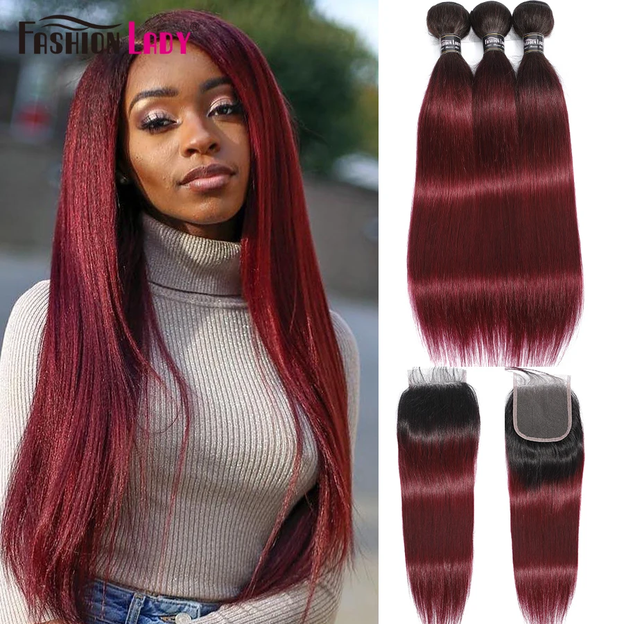 Fashion Lady Pre-Colored Brazilian Human Hair Bundles With Closure 1B/99J Straight Bundles With Closure Ombre Bundles Non-Remy