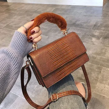 

Sac Bandouliere Femme Vintage Women Shoulder Bag Alligator Pattern PU Leather Ladies Hand Bags Fur Top Handle Mini Crossbody Bag
