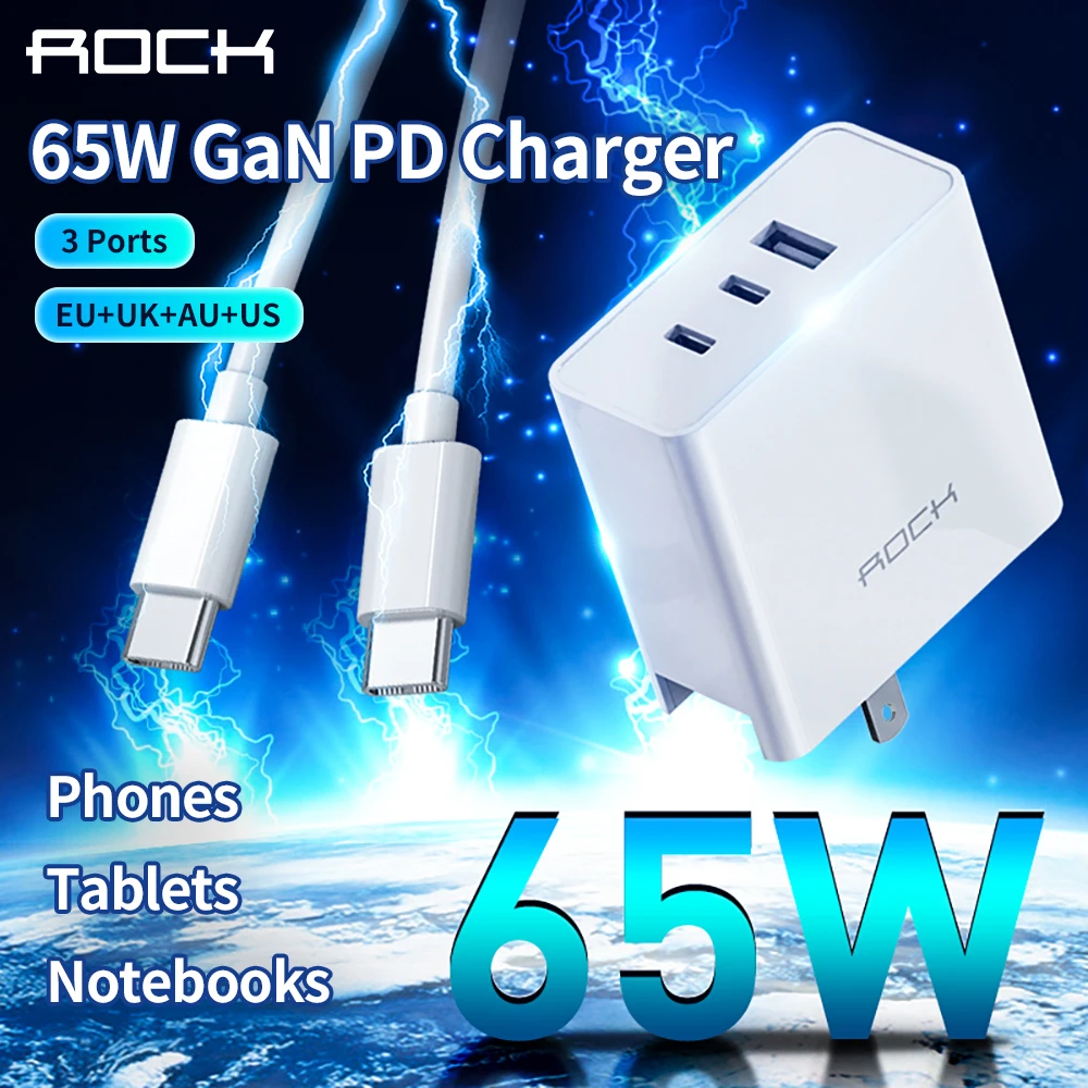 ROCK 65W GaN Tech Charger 3 Ports USB Type C PD Fast Charger with QC 4.0 3.0 for Xiaomi iPhone 12 Samsung Huawei Tablet Laptop
