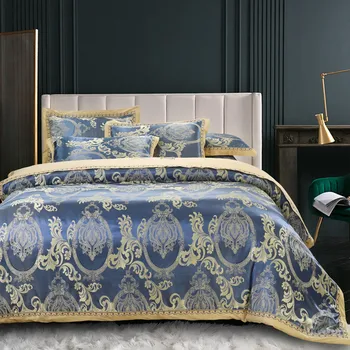 

4Pcs Sateen Cotton Jacquard Duvet Cover Set Europe Blue White Paisley Bedding Sets Comforter Cover Flat Bed Sheet Pillowcases