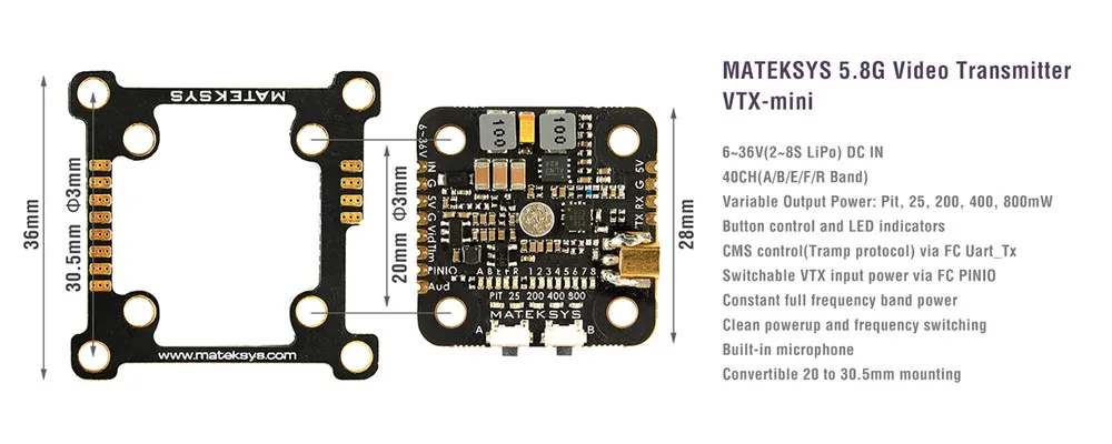 Matek Системы VTX-MINI 5,8G 40CH Pit/25/200/400/800 МВт FPV видеопередатчик VTX для FPV гоночного дрона с дистанционным управлением