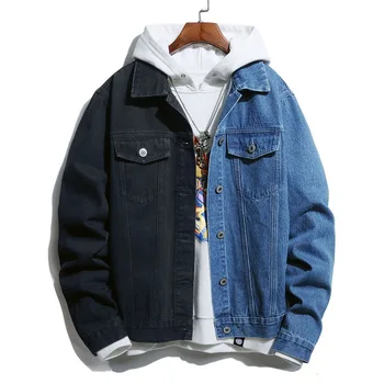 

Men Streetwear Black white Two-tone Patchwork Slim Fit Jean Jackets motorcycle man Hip hop Cotton Casual Denim Jackets coats