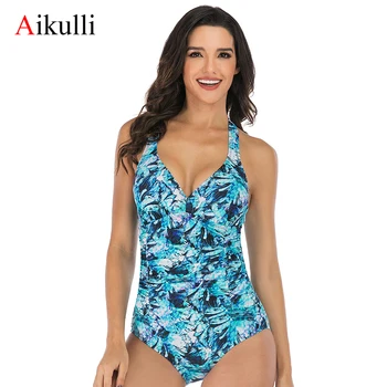 

Aikulli 2020 New One Piece Swimsuit V Neck BathingSuit Ruching Tummy Control Leaf Monokini Beach Backless Swimwear Women Bikini