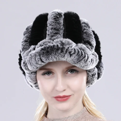 Настоящий мех кролика шапка леди зима натуральный настоящий мех кролика шапка женская вязаная теплая натуральная меховые шляпки - Цвет: grey black