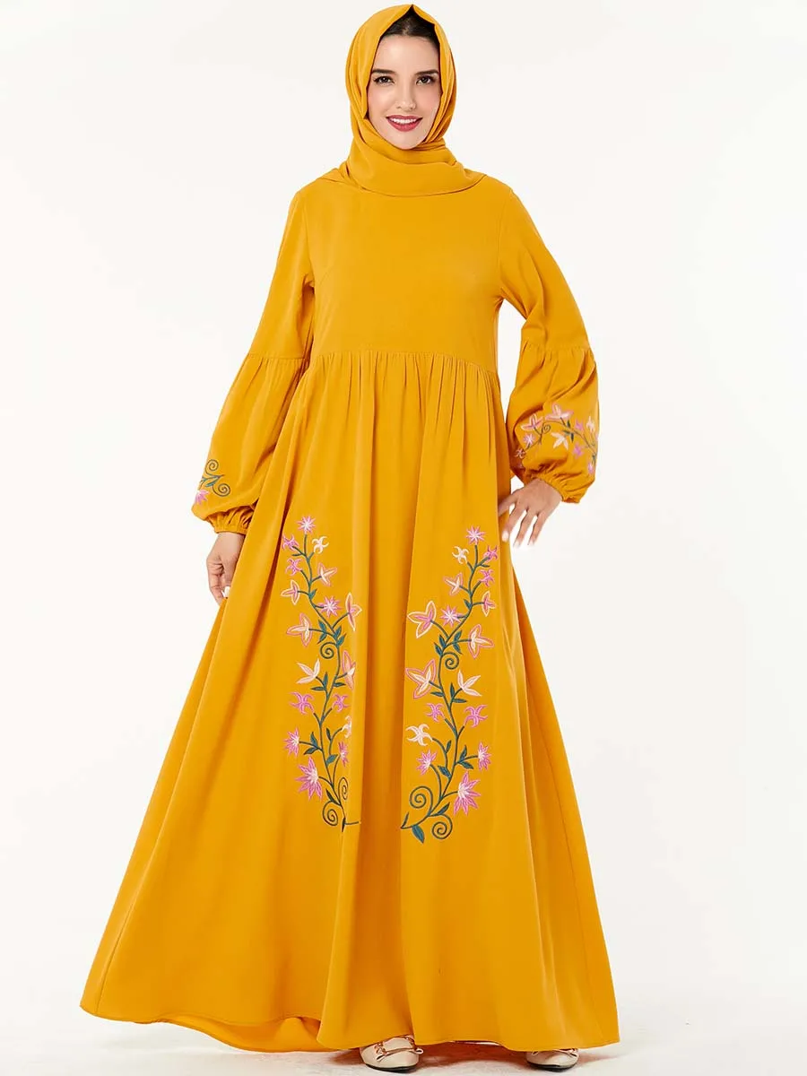 BNSQ Плюс Размер повседневные платья с цветочной вышивкой с длинным рукавом Талия молиться пакистанский кафтан одежда для Рамадана Турция abaya макси