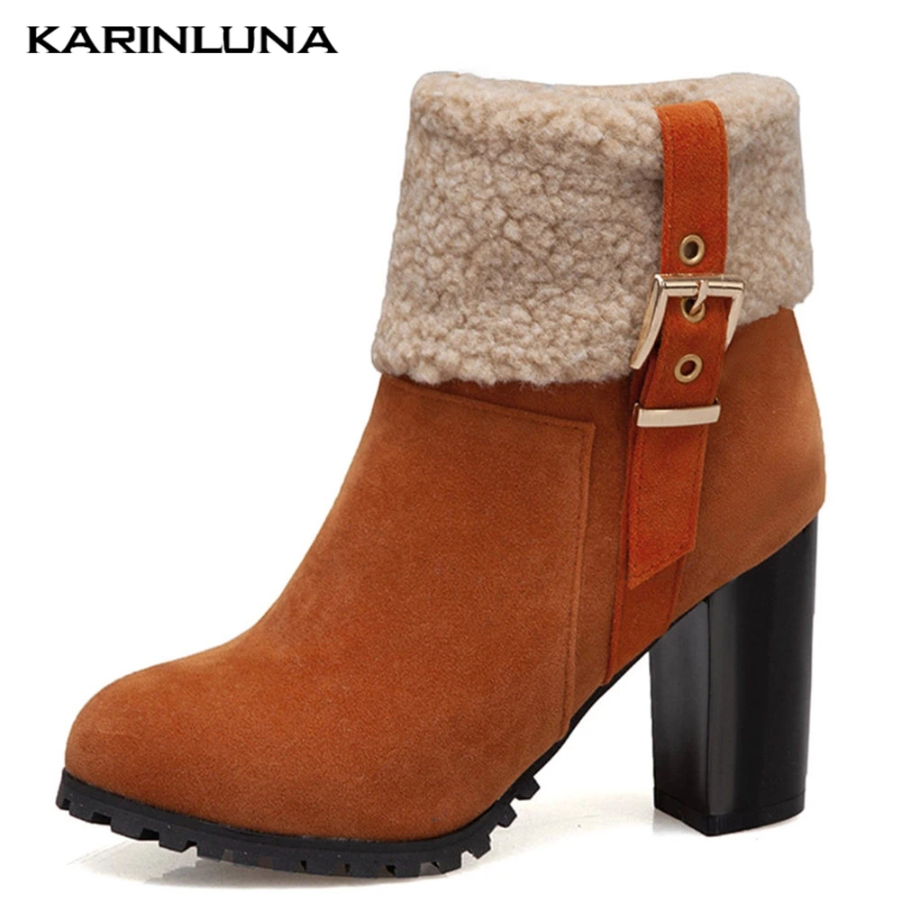 

Karinluna Large Size 50 High Heeled Ankle Boots Women Shoes Woman Russia Winter Warm Plush Ankle Boots Female