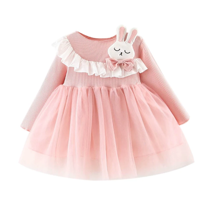 Осеннее Повседневное платье для маленьких девочек Сетчатое платье с длинными рукавами и рисунком кролика детские нарядные платья принцессы