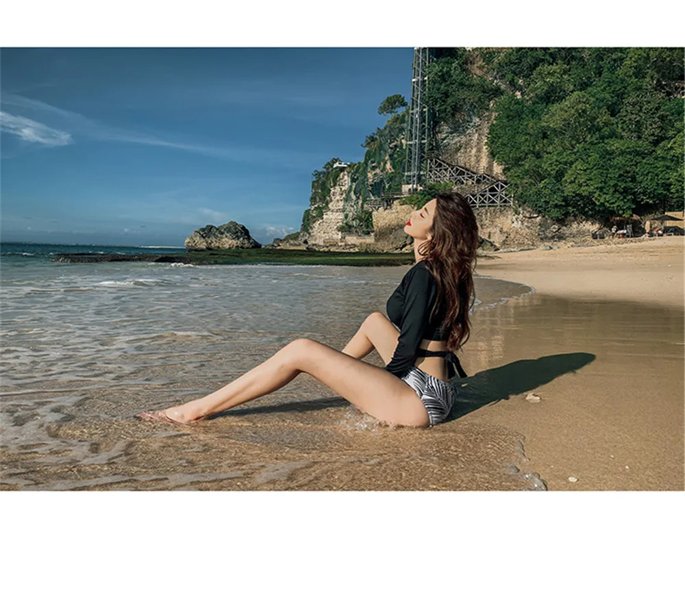 Long Sleeve Rash Guard Women Solid Two Pieces Swimsuit Sexy Bandage Tankini Push Up Swimwear Crop Top Surf Suit Black Bath Suit