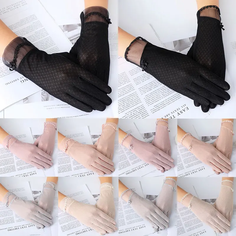

Lace Gloves Wrist Ice Silk Transparent Florla Driving fishnet gloves UV Eelgant Touch Screen Sunscreen Glove Pearl Mittens Glove