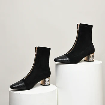 

Genuine Leather Women Ankle Boots High Heels zippers Decoration Party Wedding Shoes Woman Square Toe Office Pumps