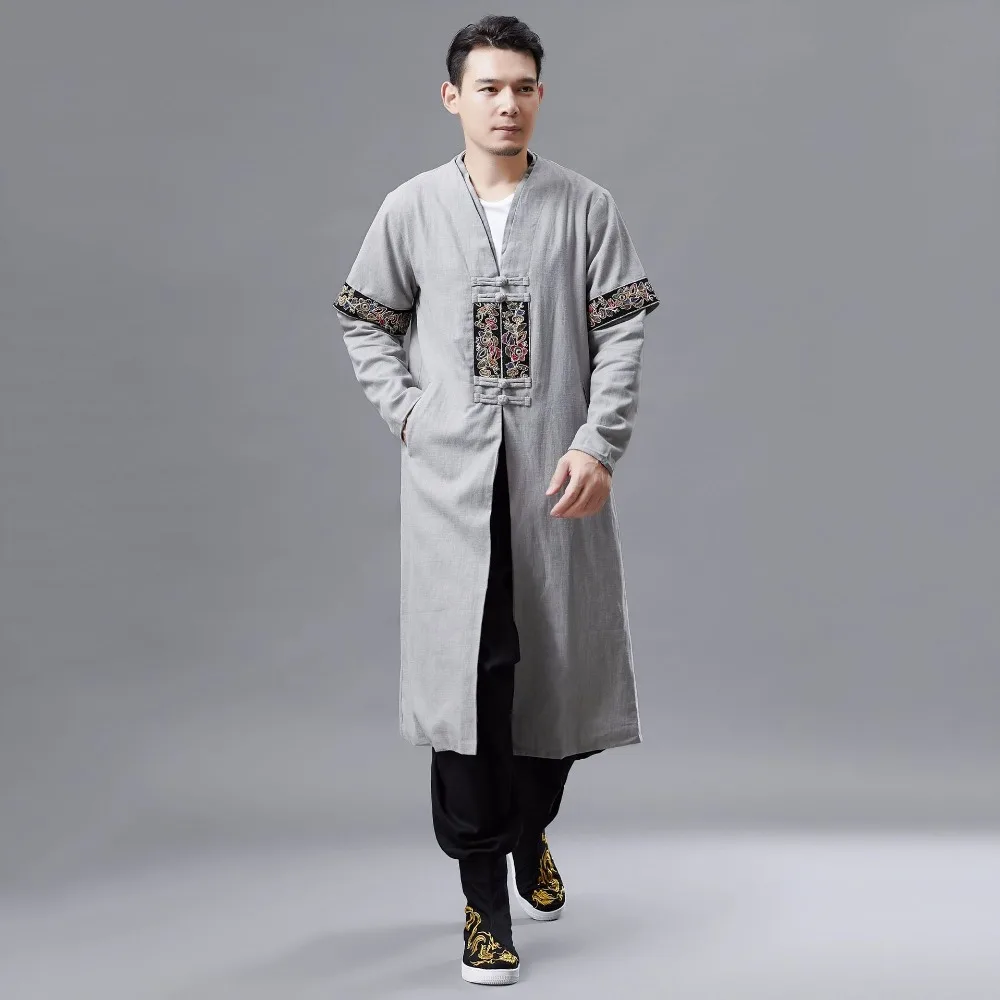 LZJN 2019 Men Autumn Trench Coat Cotton Linen Longline Long Sleeve Jacket Chinese Frog Buttons Outfit Overcoat with Pockets (27)