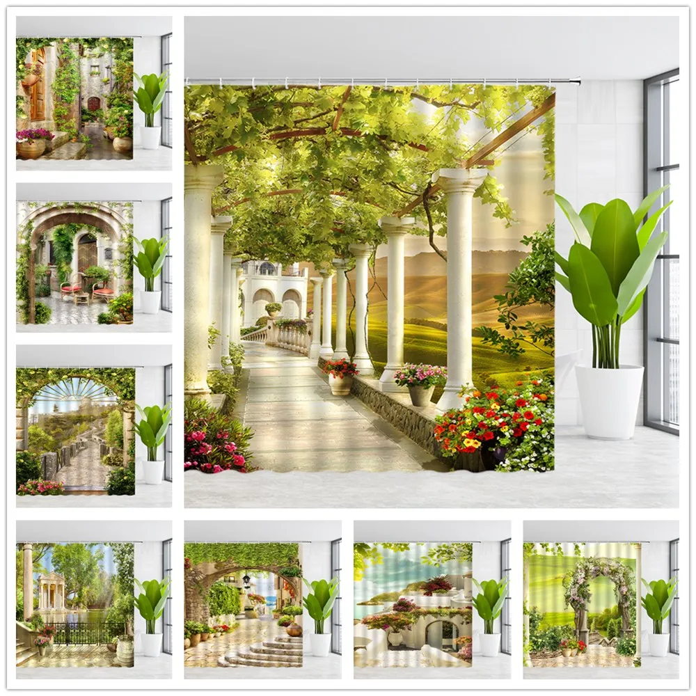 

European Architectural Landscape Shower Curtains Green Plant Flower Leaf Natural Scenery Mediterranean Style Bathroom Curtain