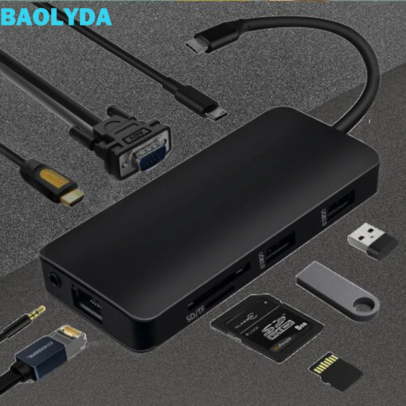 Baolyda USB C адаптер Thunderbolt 3 адаптер usb type C к HDMI VGA Gigabit Ethernet USB 3,0 SD/TF 3,5 мм AU Для Macbook и USB C ПК