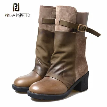 

Prova Perfetto Winter Women Gladiator Boots Genuine Leather Patchwork Females Round Toe Chunky High Heel Buckle Blet Short Boots