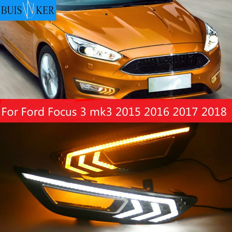 

2PCS For Ford Focus 3 mk3 2015 2016 2017 2018 LED DRL daytime running lights daylight with Yellow signal fog lamp