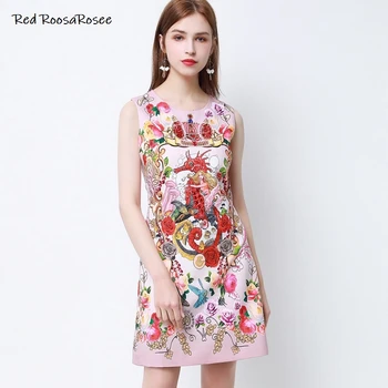 

Red RoosaRosee Designer Women Summer Vintage Print Sequins Sleeveless Mini Party Dress 2020 Dresses Lady Robe Femme New Vestidos