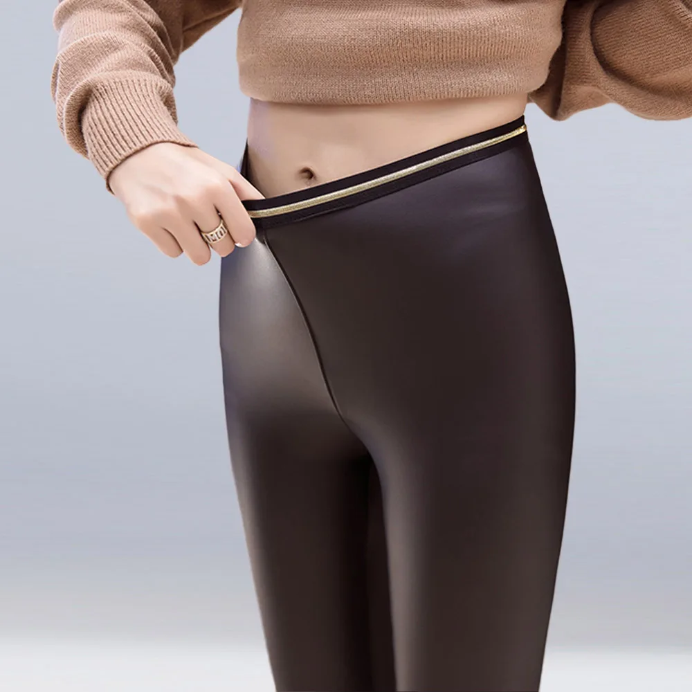 Leggings women winter plus velvet elastic pencil pants fashion casual PU leather pants high waist skinny trousers plus size 5XL - Цвет: Black leggings