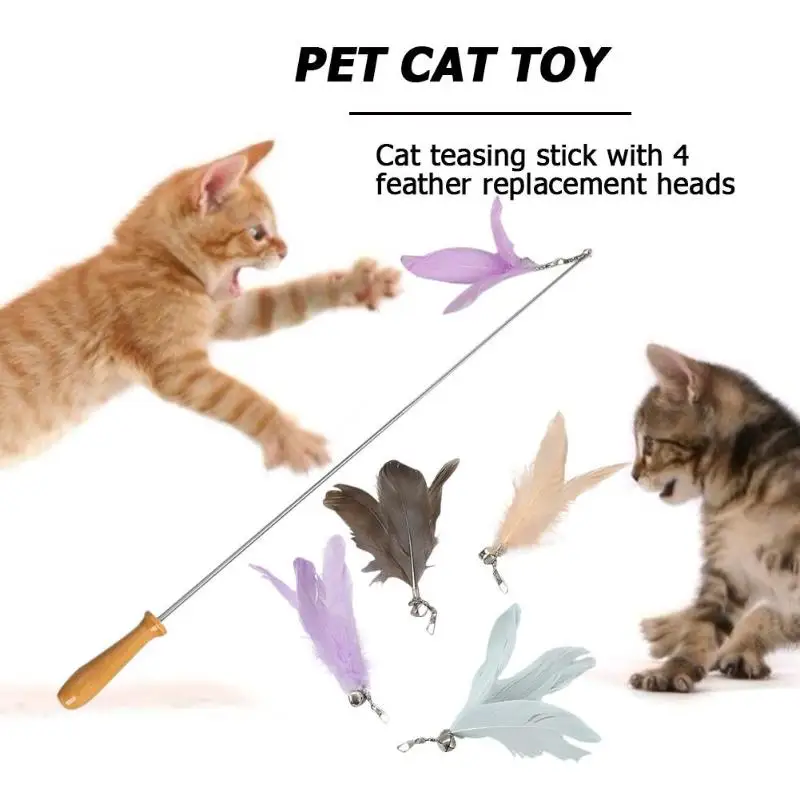 Смешные деревянные Cat Teasing Stick выдвижной котенок интерактивный игрушка палочка товары для домашних животных с перьями сменные головки