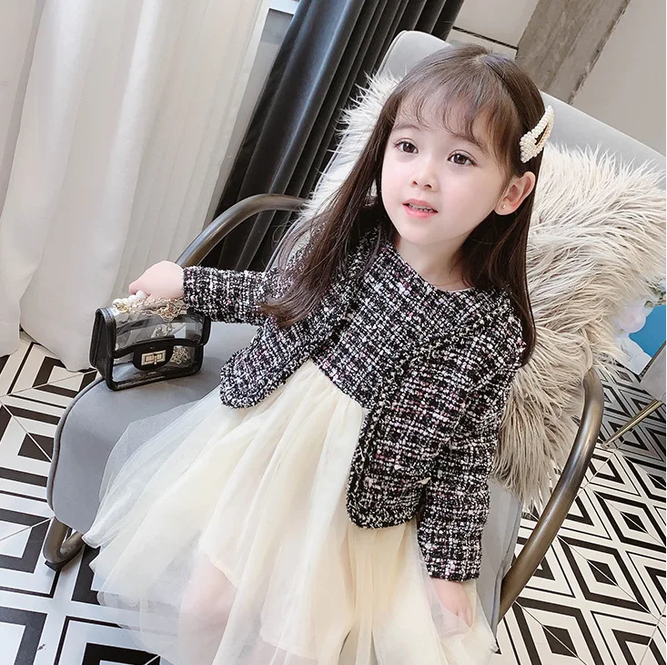 

Spring Autumn girls 2 pcs set baby coat + sleeveless dress kids suit children brand clothes check woven gunny mesh 2 to 7 yrs