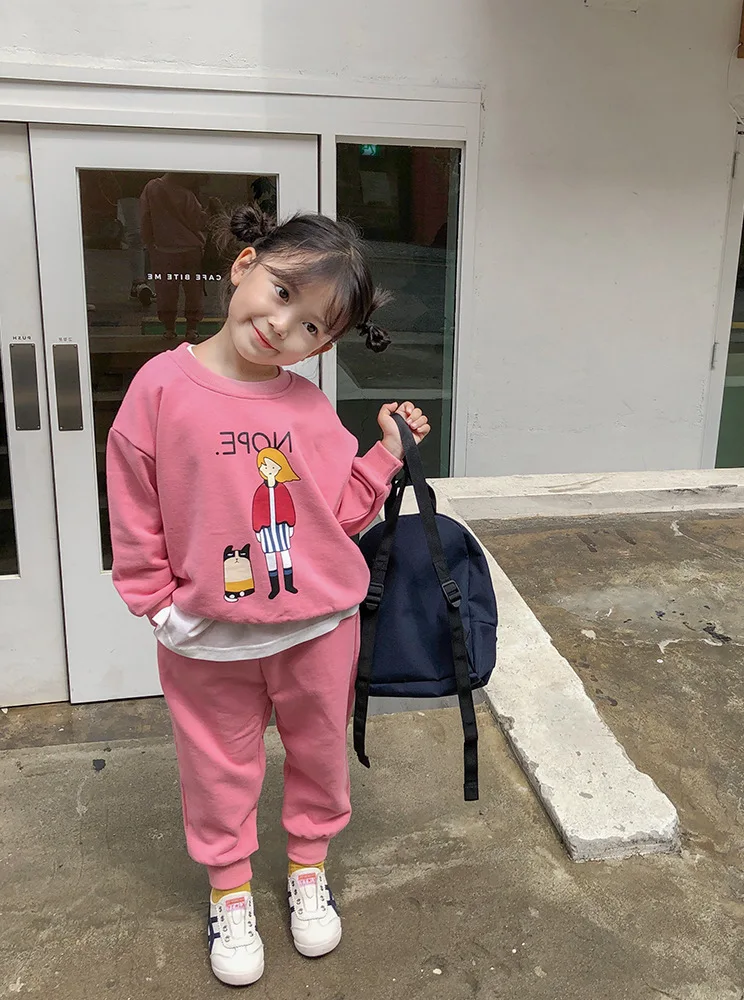 2PCS WLG girls clothing set kids winter velvet thick gray pink cartoon printed hoodie and pant set baby girl casual warm clothes