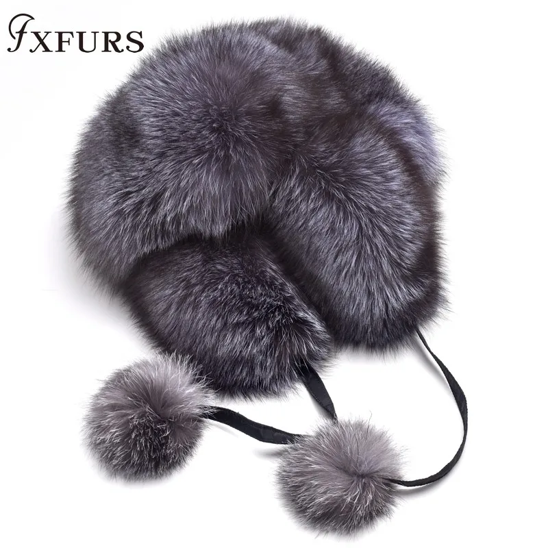 Женские шапки из натурального Лисьего меха, вся кожа, натуральный мех, зимние теплые шапки, енот, русская ушанка, головные уборы, женские зимние шапки - Цвет: silver fox fur
