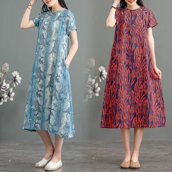 

2020 Summer Women Vintage Flax Cotton Costume Dress Printing Fairy Skirt Fresh and Elegant Hanfu Clothing Chinese Style