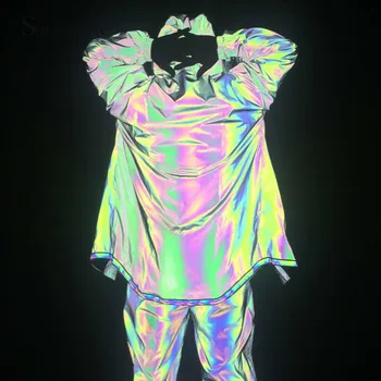 

Mens Fall Winter Rainbow Colorful Reflective Long Trench Jacket Gothic Oversize Hooded Coat Fashion Harajuku Loose Windbreaker