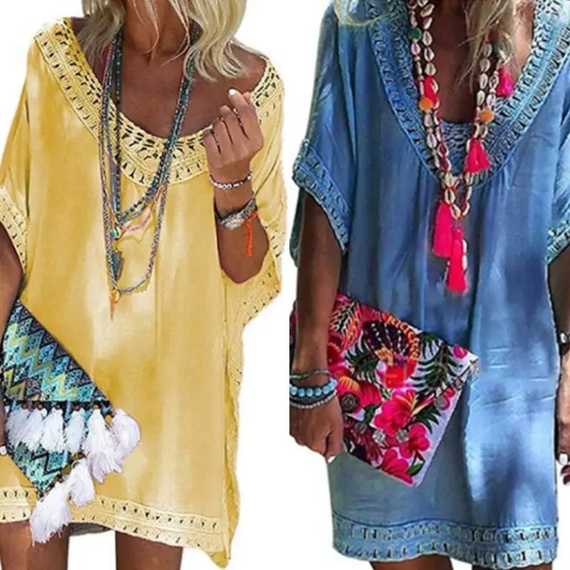 

Womens Vacation Solid Color Swimsuit Cover Up Hollow Crochet Patchwork Oversized Beach Dress Deep V-Neck Off Shoulder Tunic Tops