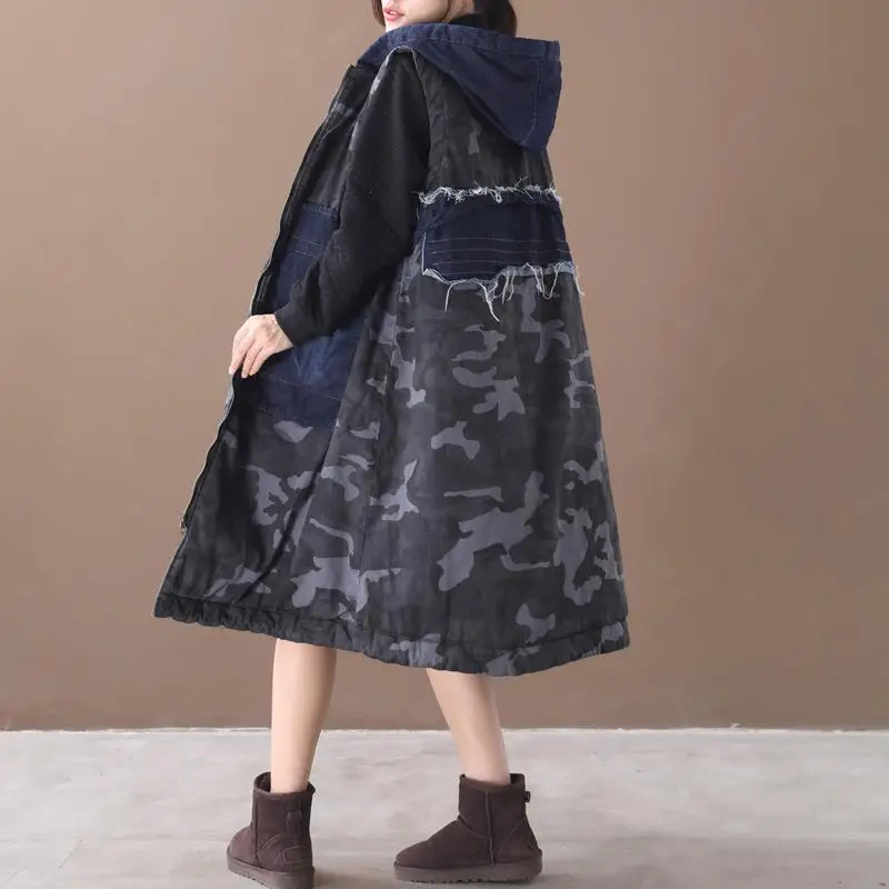 Camouflage Джинсовый жилет, женская одежда для отдыха, новинка, зимнее лоскутное длинное пальто на молнии с капюшоном, повседневный свободный Камуфляжный женский жилет - Цвет: Camouflage