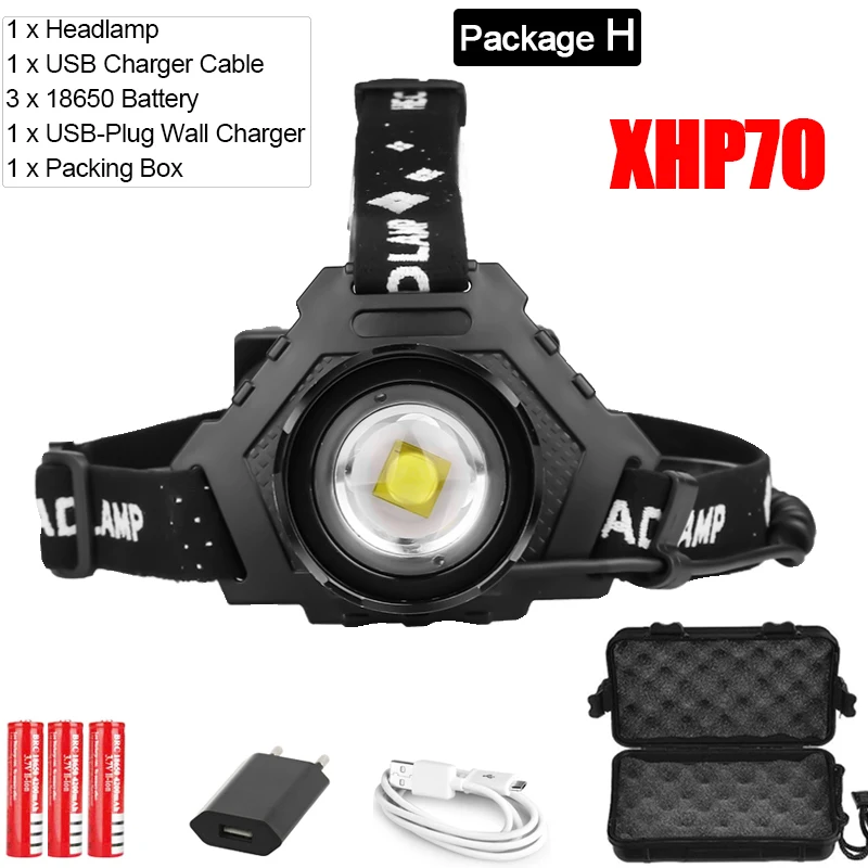 Package H Самый мощный светодиодный налобный фонарь XHP70.2, перезаряжаемый через USB, головной светильник XHP70 XHP50, масштабируемый головной светильник, водонепроницаемая Налобная лампа, работающая от аккумулятора 18650 - Испускаемый цвет: Package H