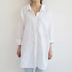 Женская хлопковая льняная однотонная свободная туника с длинными рукавами, блузка для лета-MX8