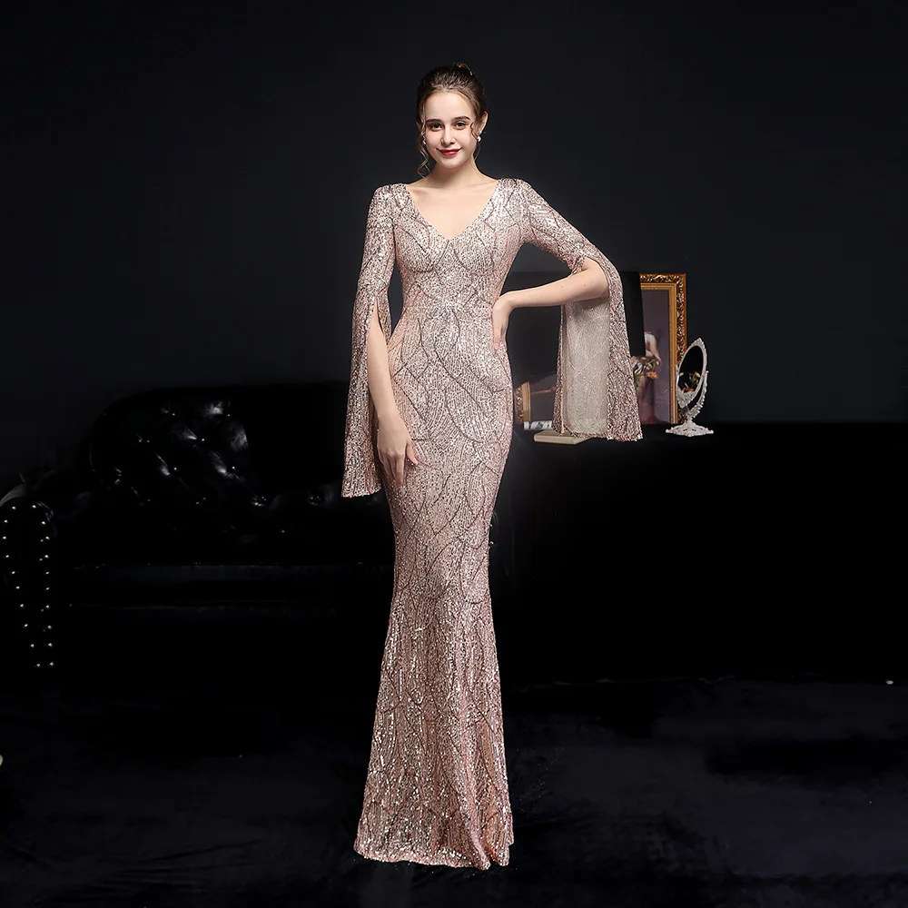 2022 White Elegant Party Maxi Dress Gold Sequin Evening Dress Women Long Sleeve Dress Prom Dress cute prom dresses