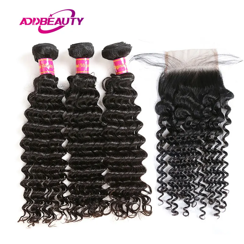 

Deep Wave Human Hair Bundles With Closure Preplucked With Baby Hair 3/4 pcs Brazilian Hair Weave Bundles With 4x4 Lace Closure