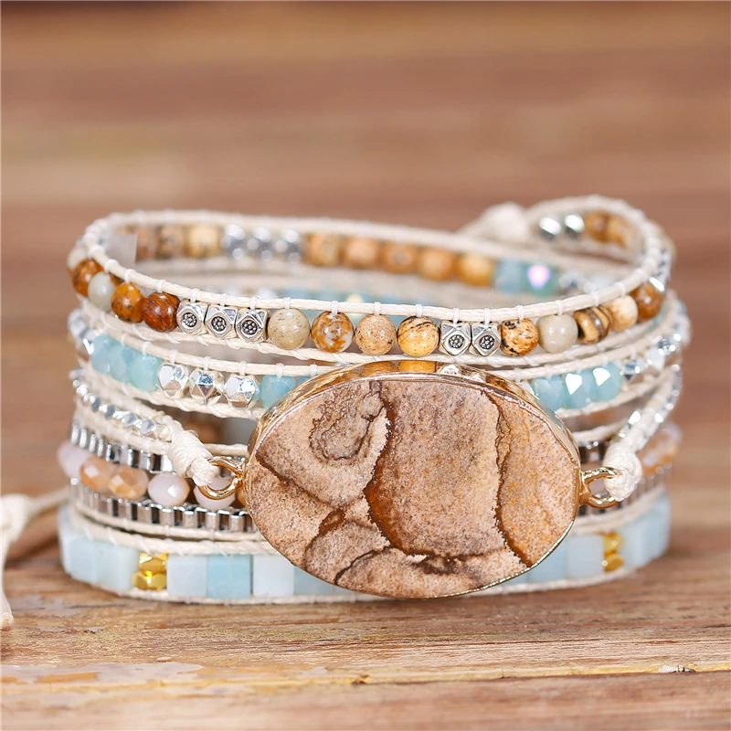 

YueTong Femme Natural Stone Beaded Leather Wrap Bracelet Boho Beads Bracelet Yoga 5 Wraps Bracelet High End Jewelry Dropshipping