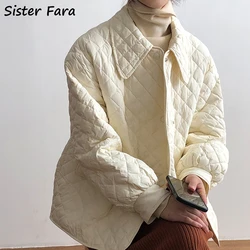 Sister Fara Winter Lapel Neck Argyle Down Jacket Coat Women's Single Breasted Down Jacket Female Loose Warm Parkas Down Jacket