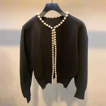 

Beading V Neck Women's Knitted Sweater Female Jacket Long Sleeves Outwear Cardigan Ladies KnitwearTops
