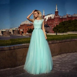 Long Floor Length Applique Tulle Homecoming Evening Dresses Cap Sleeve Sleeveless A-line Lace Prom Gowns Women Party Dress