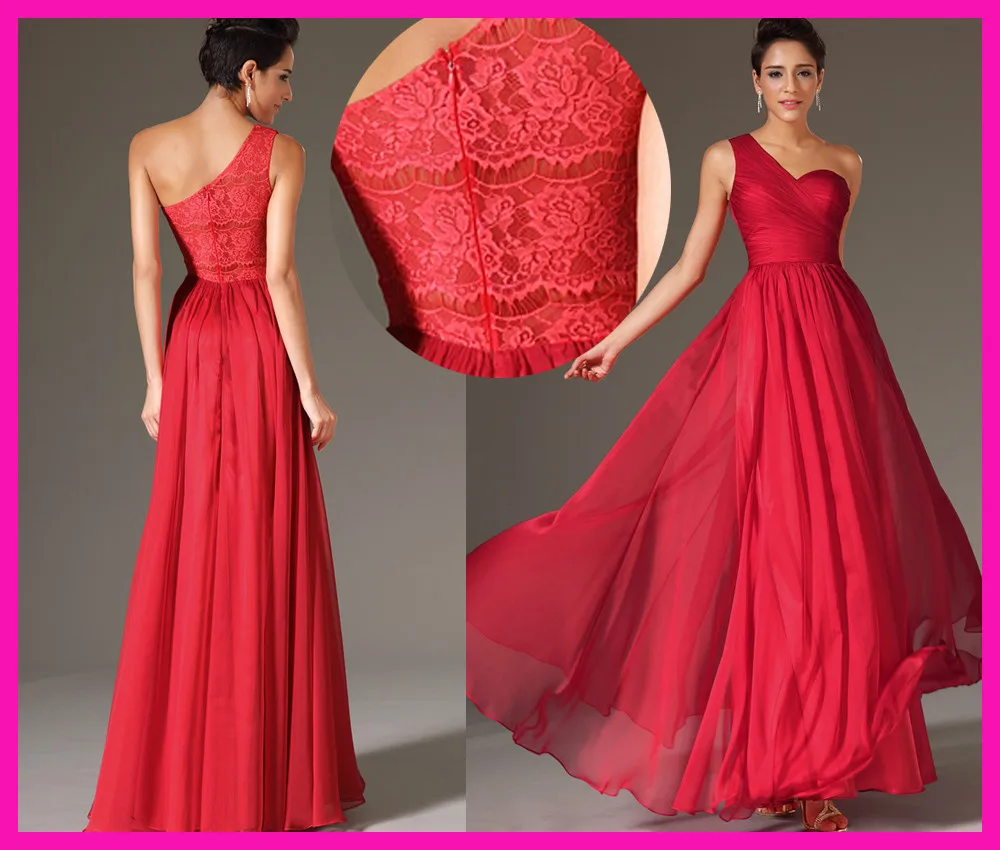 

2014 Red One Shoulder Elegant Long Chiffon Lace Wedding Party Bridesmaid Dresses B2164