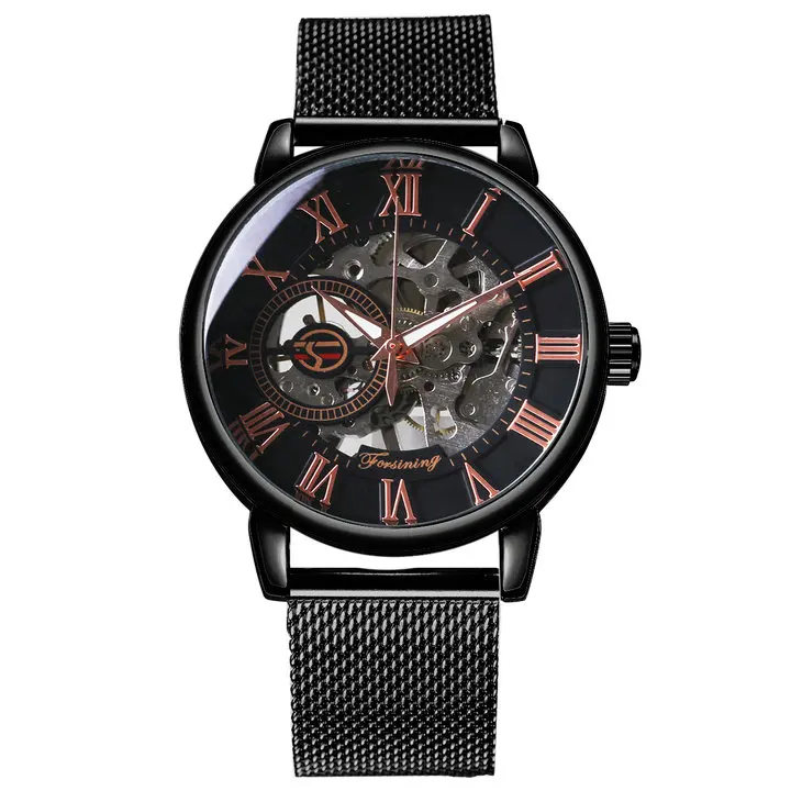 FORSINING модные повседневные механические часы для мужчин Золотой Скелет циферблат Синий Сетка мужские часы на ремне Топ бренд Роскошные наручные часы - Color: BLACK RG