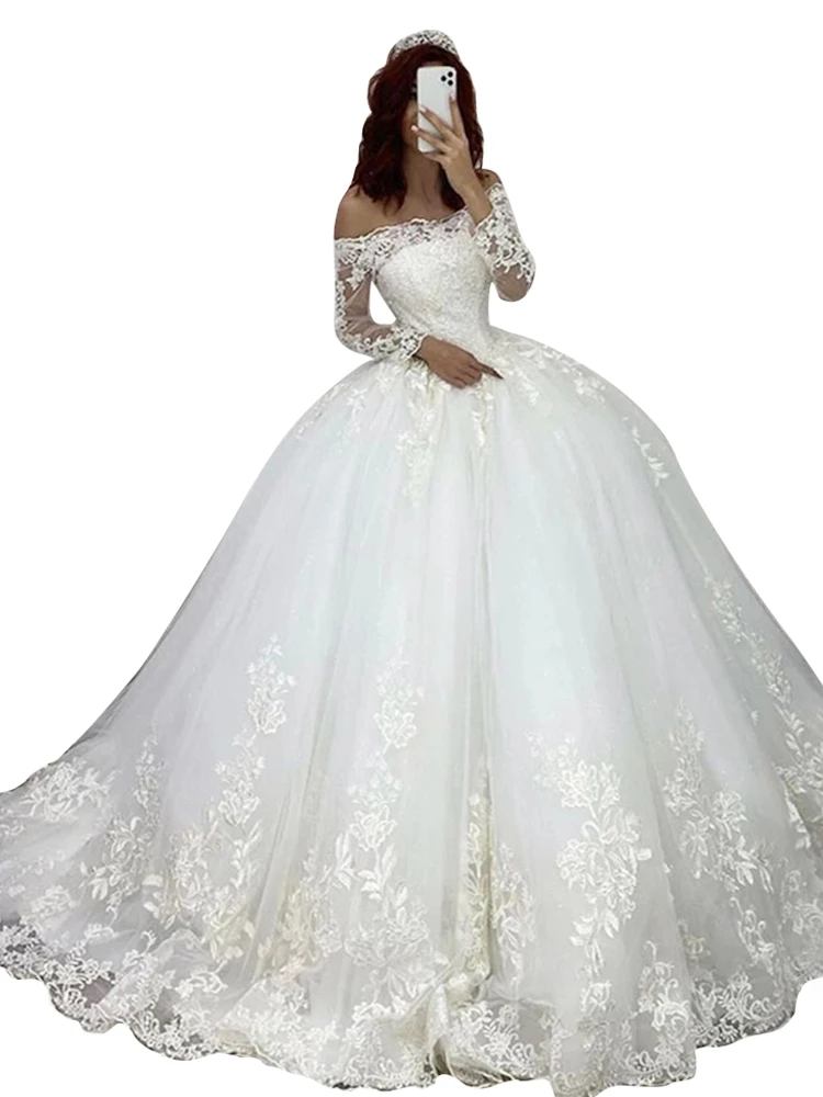 

Gorgeous Lace Ball Gown Princess Wedding Dresses 2020Long Sleeves Off Shoulder Applique Lace-Up Back Dubai Bridal Gowns Vestido