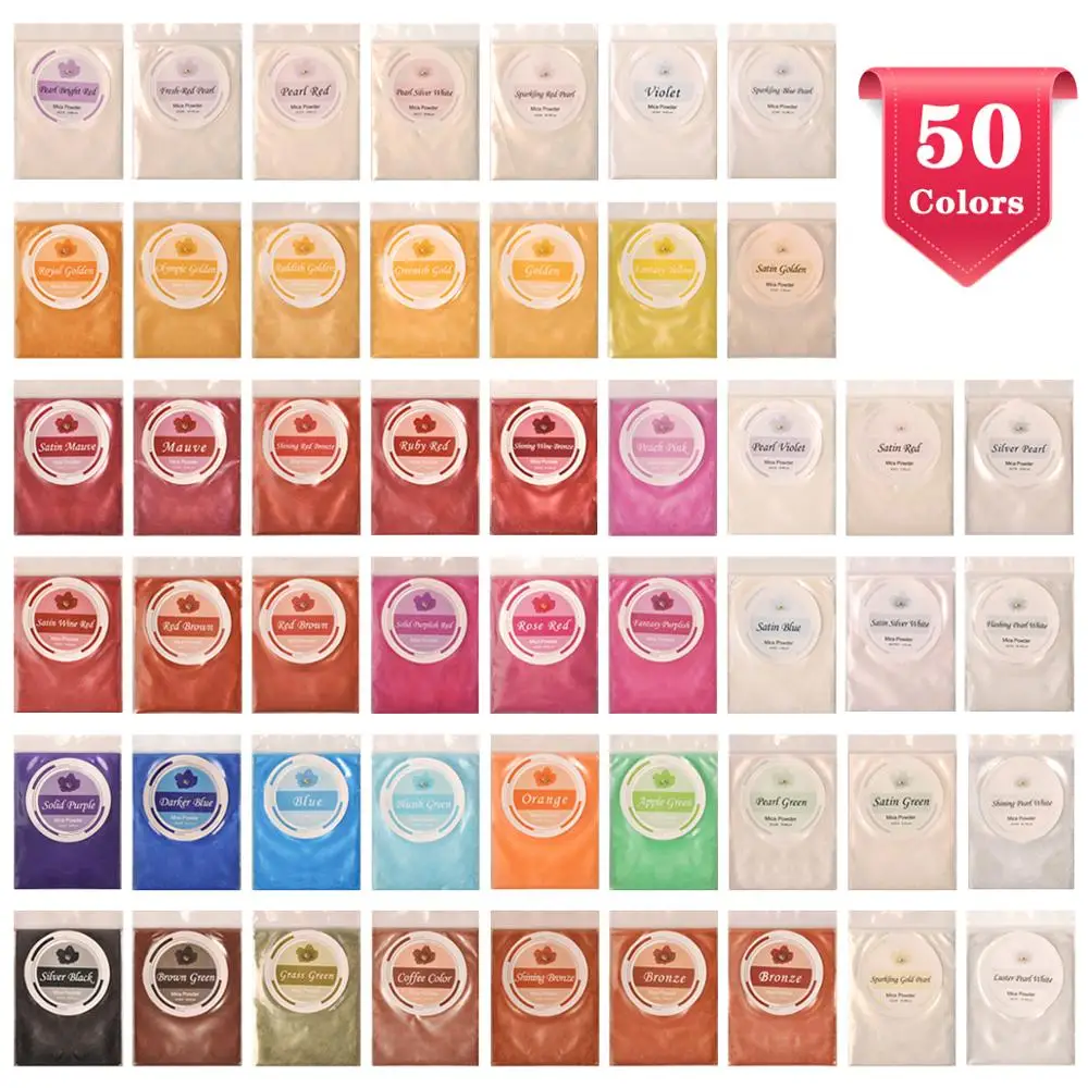 50 colors Dewel Слюда Порошок для изготовления мыла/порошок для ногтей/пигмент ногтей/тени для век/румяна эпоксидная смола краситель жемчужный пигмент - Цвет: 50 colors