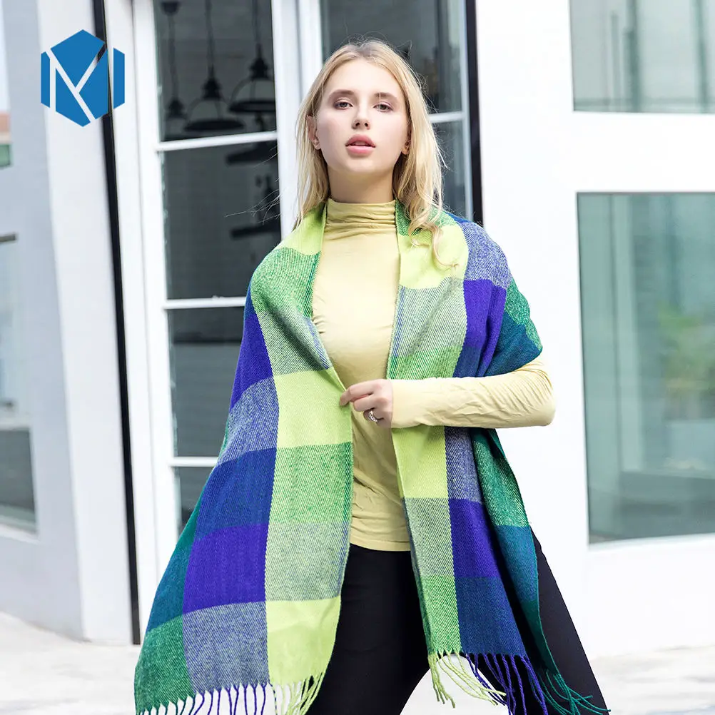Вязанный зимний женский шарф, клетчатый теплый повседневный кашемировый шарф, шали, роскошная бандана для девушек, женский шарф 190*35 см - Цвет: green blue