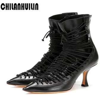 

designer microfiber+ genuine leather sexy pointed toe ankle boots for women fashion cross tied golden women punk motocycle boots
