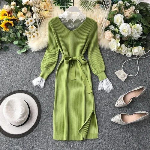 Neploe, Ретро стиль, вязаный свитер средней длины, кружево, пэчворк, платье, v-образный вырез, высокая талия, бедра, одноцветное, Vestido, длинный рукав, прямое, Ropa, осень - Цвет: Butter green