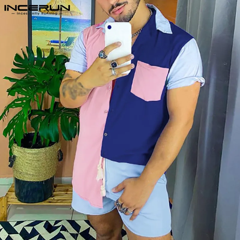 Shirt Sets Short-Sleeve Hawaiian-Suit INCERUN Breathable Summer Men 2pieces Streetwear