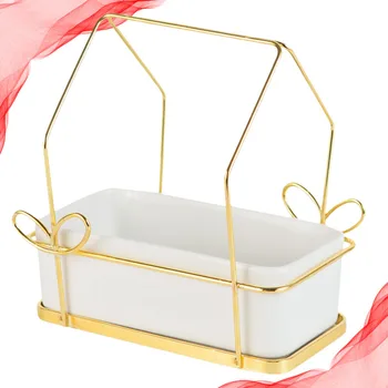 

Rectangular Ceramic Flowerpot Durable Flower Pot Simple Planter Creative Ceramic Basin With Iron Rack for Succulent Plants Garde